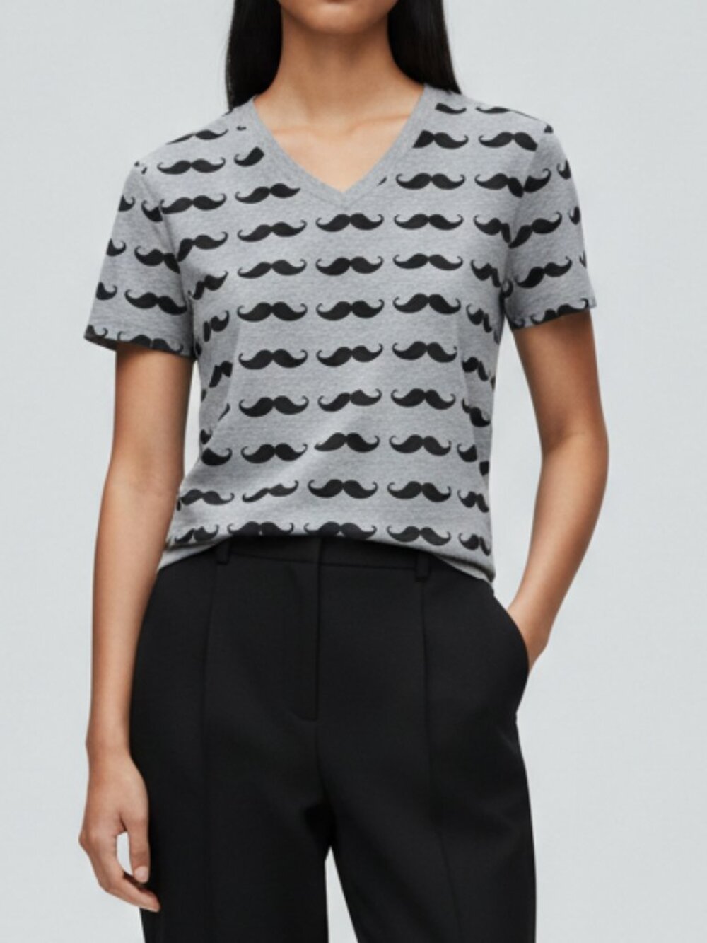 ZARA Trafaluc Quirky Mustache Print V-Neck Tee
